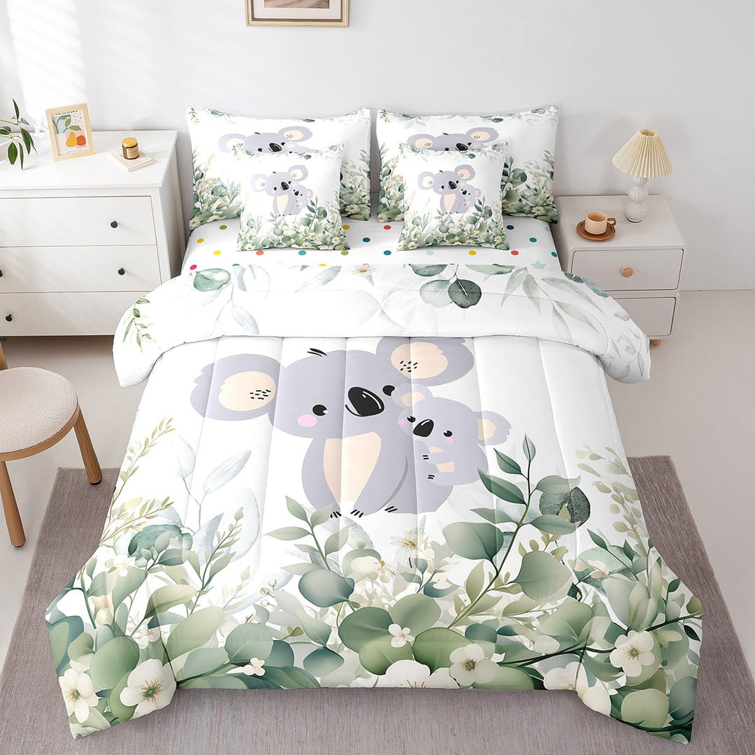 Cartoon Koala Bedding Comforter Sets 7pcs Woodland Wildlife Bed in a Bag, Spring Plant Twin Bedding Sets Eucalyptus Leaf Comforter Set, Jungle Animal Theme Bedding Sets Room Decor