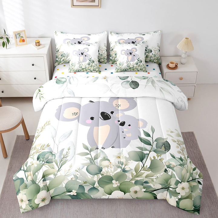 Cartoon Koala Bedding Comforter Sets 7pcs Woodland Wildlife Bed in a Bag, Spring Plant Twin Bedding Sets Eucalyptus Leaf Comforter Set, Jungle Animal Theme Bedding Sets Room Decor