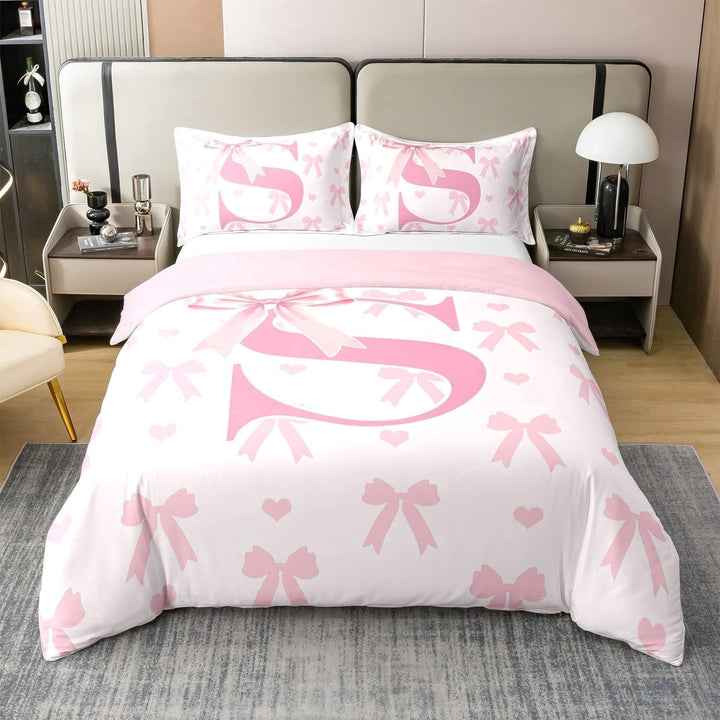 100% Cotton Initial Letter S Duvet Cover,Dreamy Bow Love Hearts Kawaii Pink Comforter Cover,Princess Style Pink Bowknot Girly Romantic Decorative Quilt Cover,3Pcs Full Size(No Comforter)