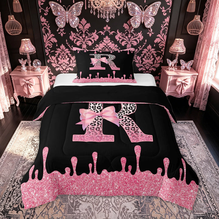 meiyoeat Leopard Print Letter R Full Size Comforter Sets for Girls Kids, Bow Initial Bedding Comforter Set for Bedroom, Pink, Black Reversible, 3-Piece, 1 Comforter and 2 Pillowcases