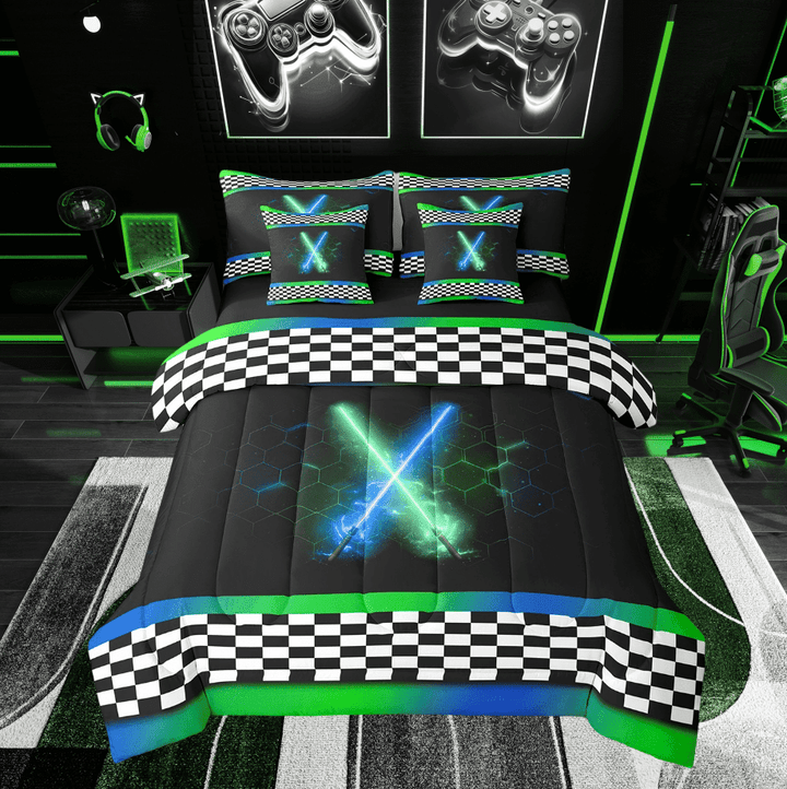 Erosebridal Cool Lightning Bed in a Bag Twin size, Honeycomb Bed Set, Checkered Flag Decor, Reversible 7pcs