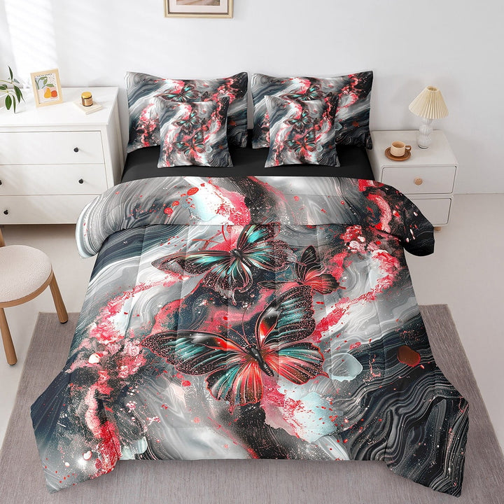 Black Marble Bed in a Bag Queen Comforter Set 7 Piece Teal Butterfly Sheet Set,Red Marbling Bedding Sets,Abstract Ombre Ink Fluid Art Bed Set Rustic Animal Dreamy Butterflies Room Decor Aesthetic