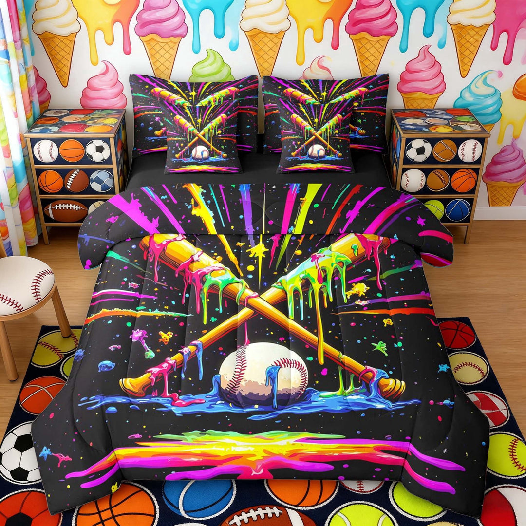 Erosebridal Psychedelic Baseball Twin Bedding Sets, Cute Sport Bedding Comforter Set for Girls and Boys, Black Reversible 7-Piece