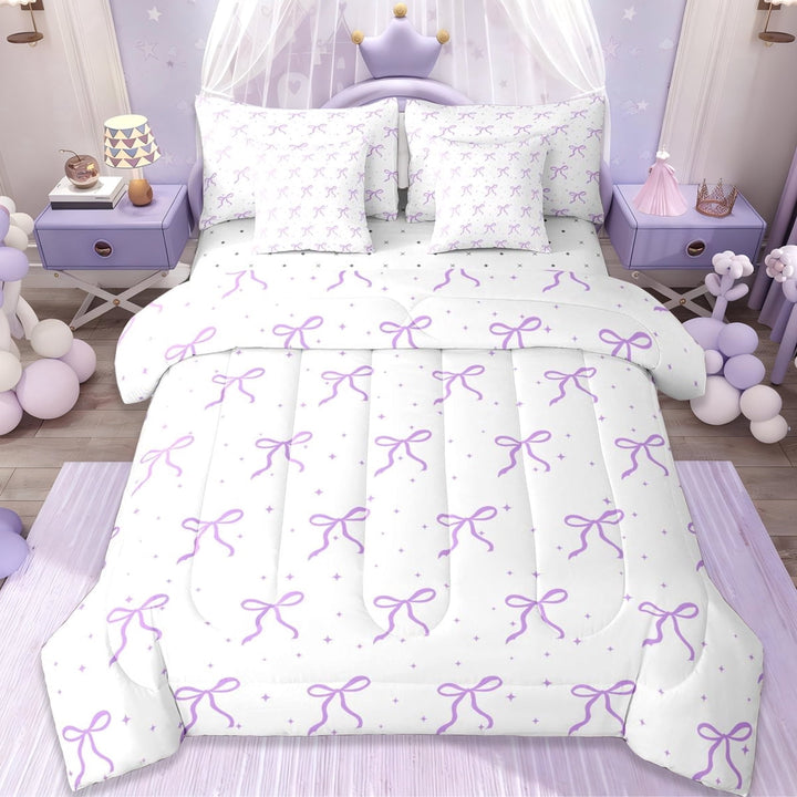 Erosebridal Purple Bow 7-Piece Twin Bedding Sets For Bowtie Girl,Bowknot Bedding Comforter Set,Dreamy Princess Style Bows,Reversible