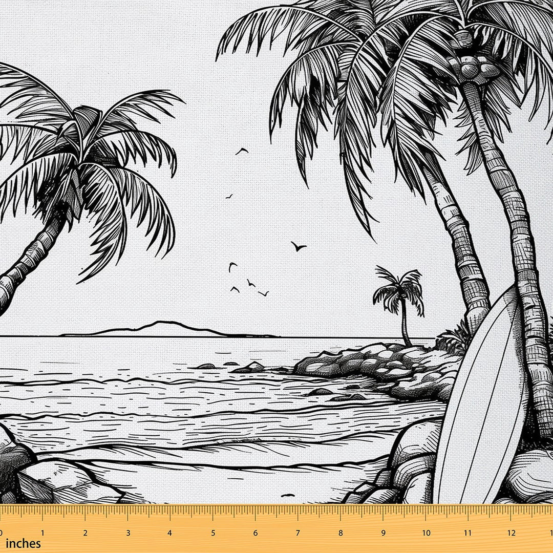 Castle Fairy Summer Beach Fabric by the Yard 2 Yards, Surfboard Palm Tree Sea Fabric for Sewing, White Black Gray Sketch Home Decor Fabric by the Yard, Microfiber Bedroom Decor