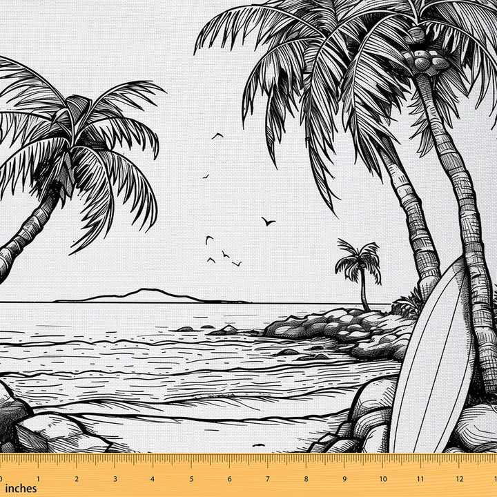 Castle Fairy Summer Beach Fabric by the Yard 2 Yards, Surfboard Palm Tree Sea Fabric for Sewing, White Black Gray Sketch Home Decor Fabric by the Yard, Microfiber Bedroom Decor