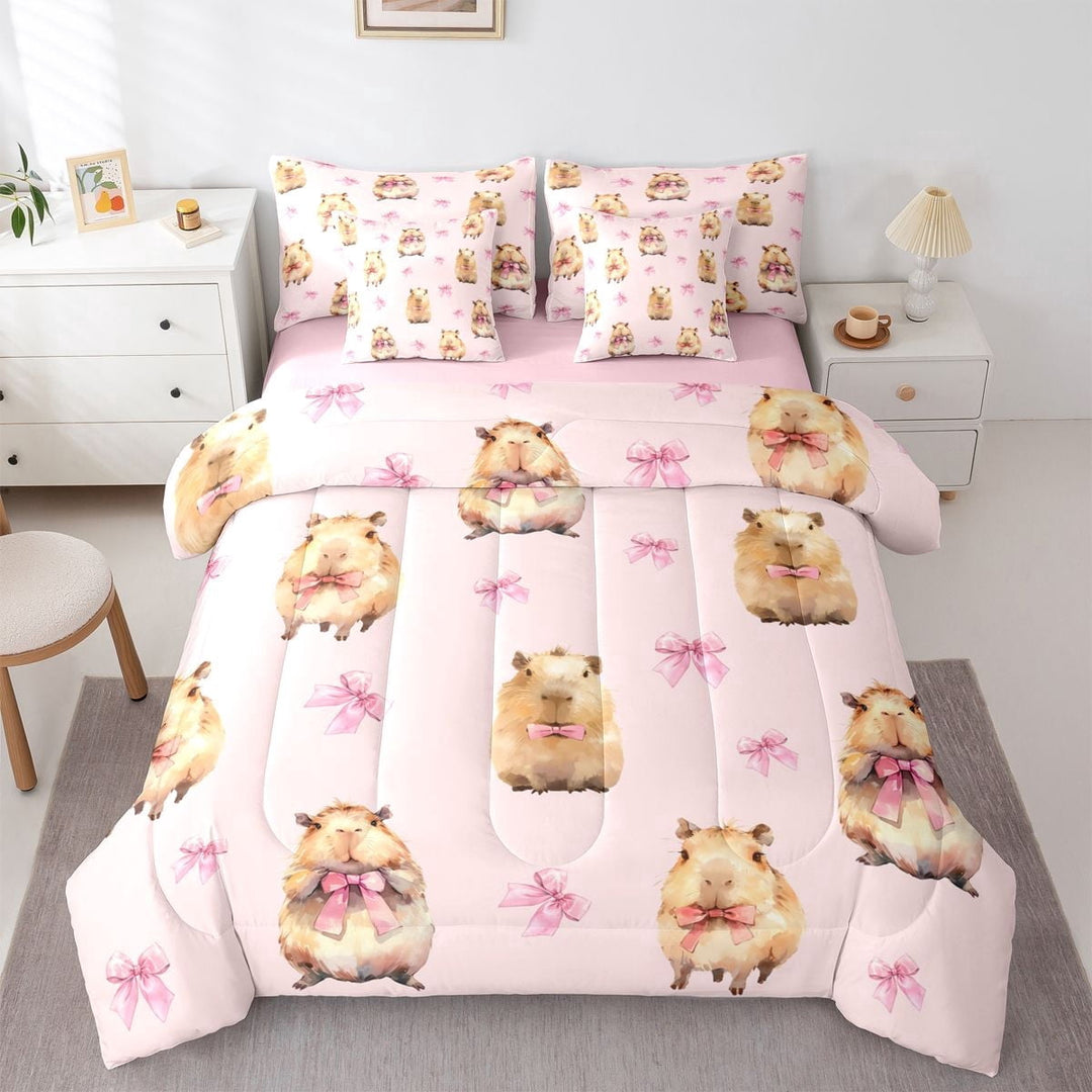 Erosebridal Kids Cute Capybara Twin Bedding Sets 7-Piece,Boys Girls Cartoon Bow Animal Bedding Comforter Set,Pink Reversible