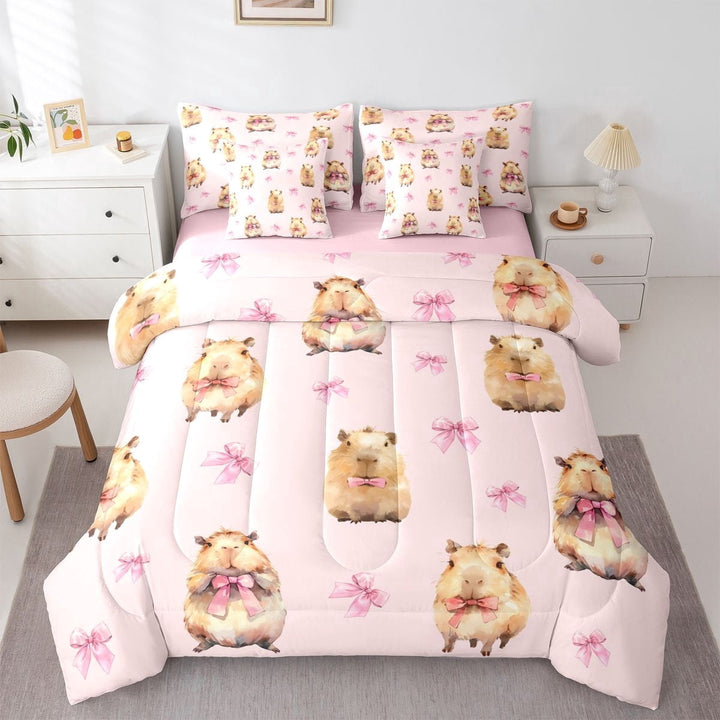 Erosebridal Kids Cute Capybara Twin Bedding Sets 7-Piece,Boys Girls Cartoon Bow Animal Bedding Comforter Set,Pink Reversible