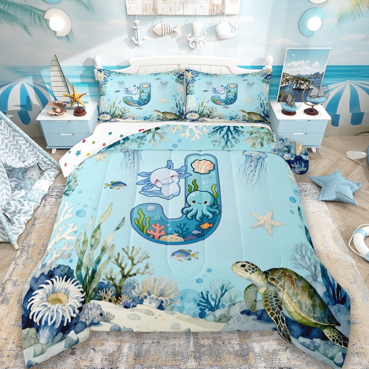Erosebridal Ocean Jellyfish Turtle Print Full Size Comforter Sets,First Letter J Blue Cute Axolotl Bedding Sets For Kids,Reversible 3-Piece
