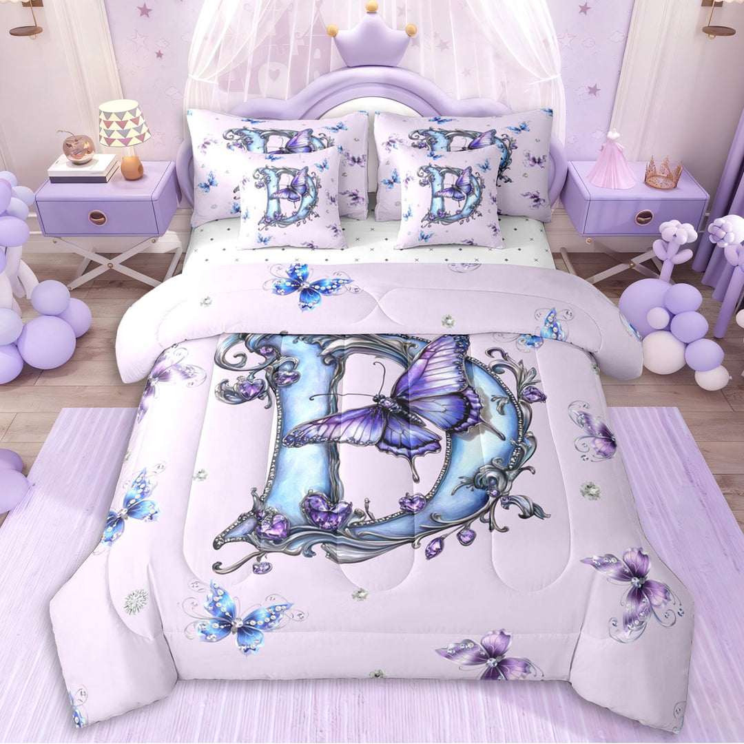 Erosebridal Letter D Monogrammed Vintage Flowers Twin Bedding Sets 7-Piece For Kids Girls,Teens Princess Elegant Flying Butterflies Bedding Comforter Set,Luxury Bedroom Decor