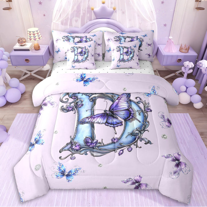 Erosebridal Letter D Monogrammed Vintage Flowers Twin Bedding Sets 7-Piece For Kids Girls,Teens Princess Elegant Flying Butterflies Bedding Comforter Set,Luxury Bedroom Decor