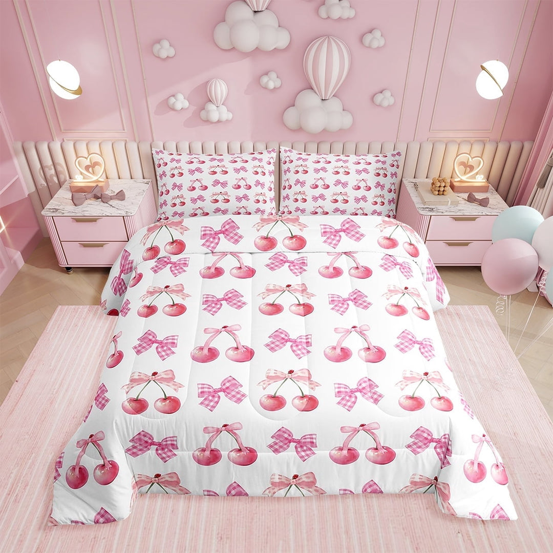 Erosebridal Pink Bow Bedding Cute Bowknot Comforter Full Size,Cherry Bow Tie Princess Bedding Comforter Sets Cherry Flower Decor Duvet Set Kawaii Pink Princess Style Print Quilt