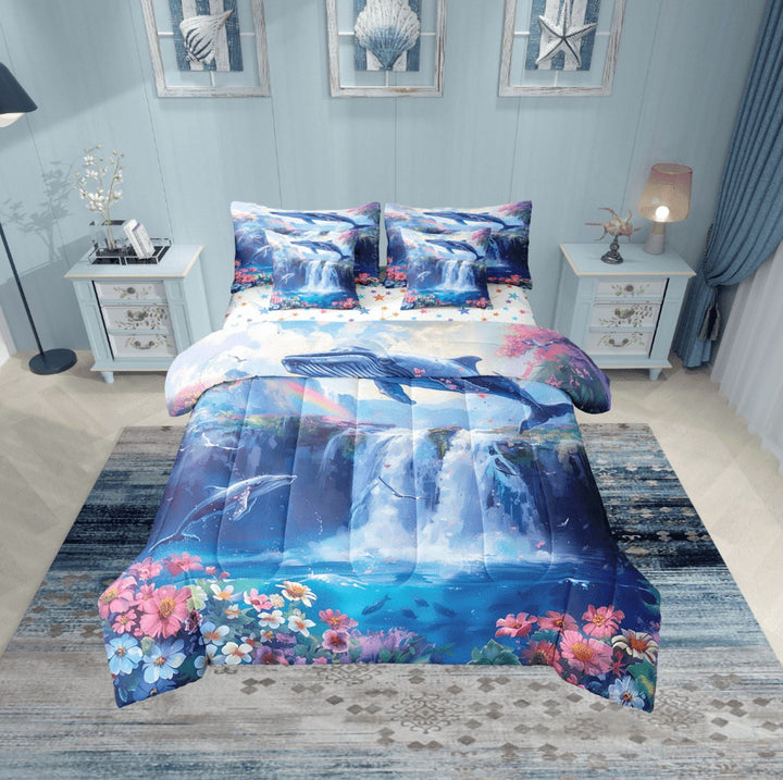 Erosebridal Blue Whale Bedding Twin Size, Lake Waterfall Bed in a Bag Twin size, Daisy Floral Reversible Bed Set, Microfiber Room Decoration, 7 Pieces
