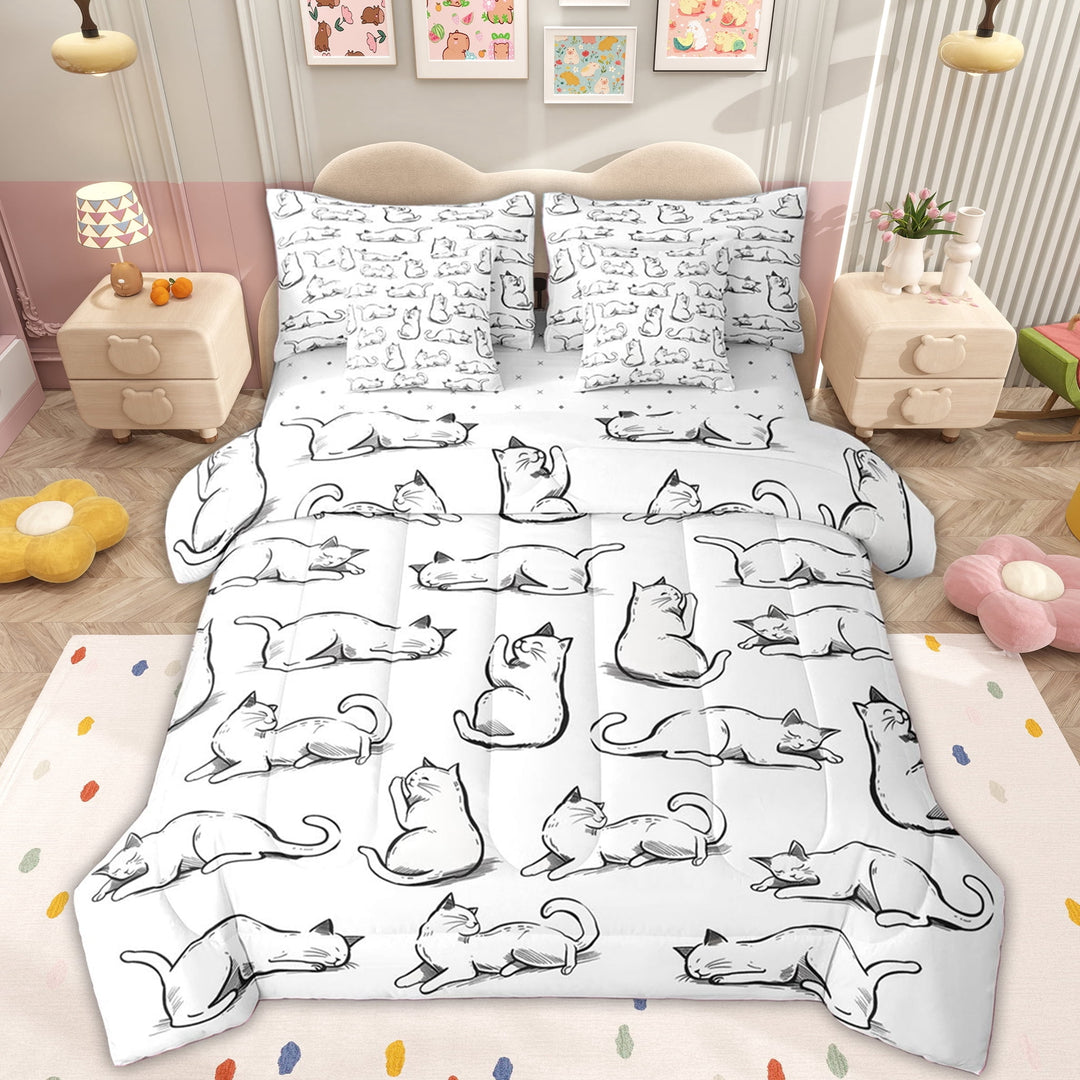 Erosebridal Kawaii Cat Lover Twin Bedding Sets for Kids, Cartoon Kitten Bedding Comforter Set, 7-Piece