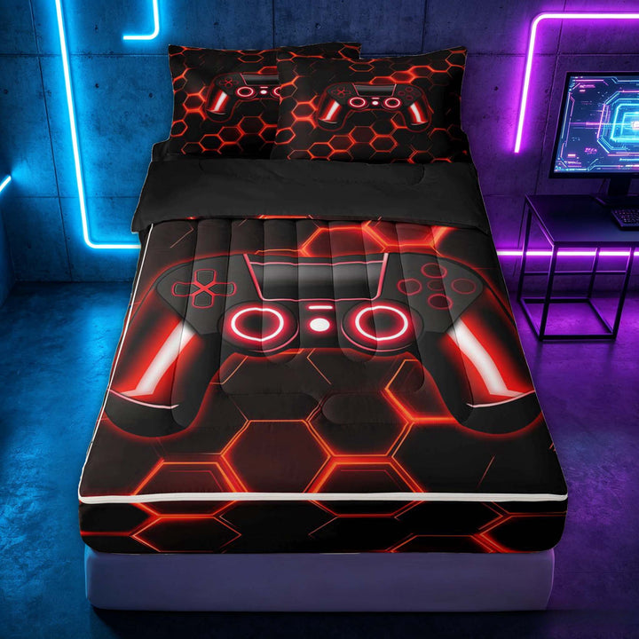 meiyoeat Gradient Gamepad Zipper Full Size Comforter Sets with Fitted Sheet and 2 Pillowcases for Boys Gamers, Neon Honeycomb Red Gaming Zipper Bedding Set, Black Reversible