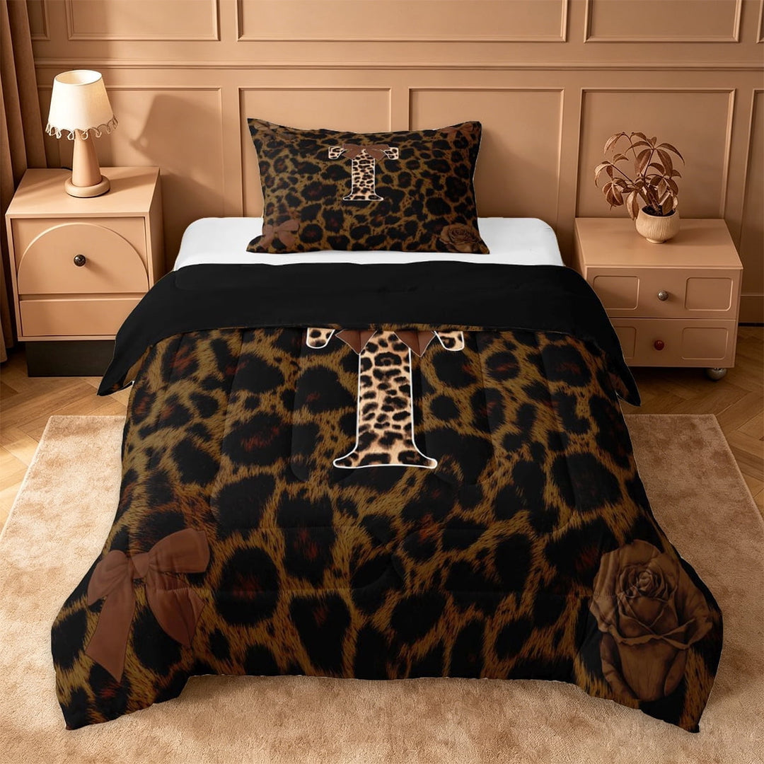 Erosebridal Letter T Initial Twin Comforter Sets,Chic Cheetah Print Kids Bedding Set For Adults,Black Reversible,2 Pieces