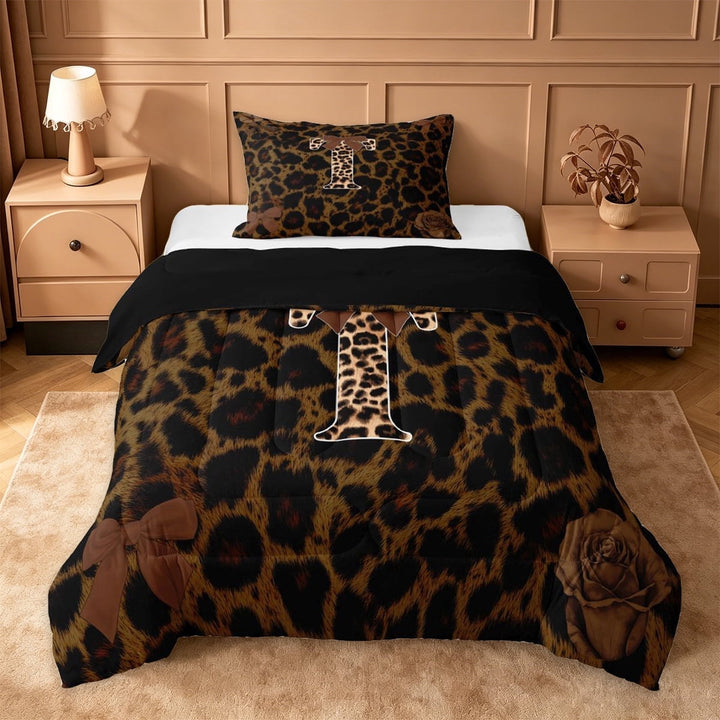 Erosebridal Letter T Initial Twin Comforter Sets,Chic Cheetah Print Kids Bedding Set For Adults,Black Reversible,2 Pieces