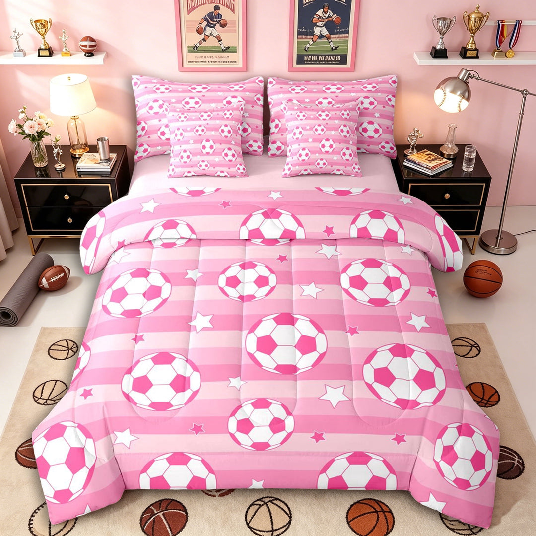Erosebridal Kids Teens Soccer Print Twin Bedding Sets 7-Piece,Sport Theme Stars Stripes Bedding Comforter Set for Girls Boys,Pink Reversible,Microfiber Bedroom Decor