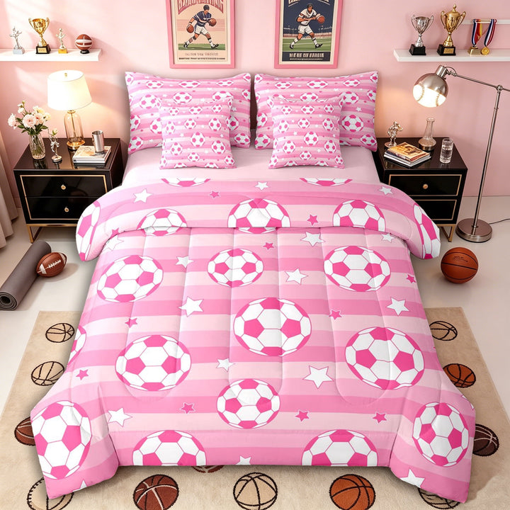 Erosebridal Kids Teens Soccer Print Twin Bedding Sets 7-Piece,Sport Theme Stars Stripes Bedding Comforter Set for Girls Boys,Pink Reversible,Microfiber Bedroom Decor