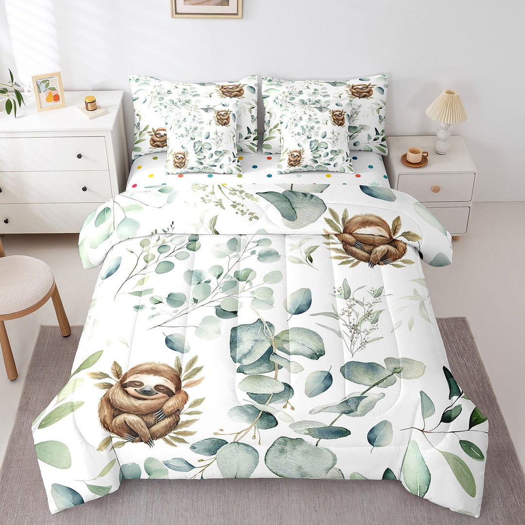 Erosebridal Kawaii Animal Twin Comforter Set 7 Pieces Cute Sloth Bedding Comforter Sets, Cartoon Wildlife Bed in a Bag Green Leaf Bedding Set, Spring Garden Bed Sheets Set Bedroom Decor