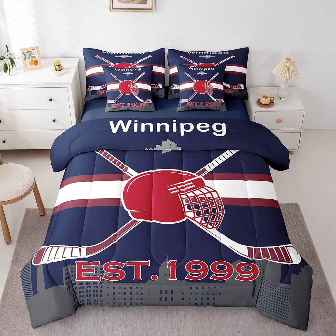 Ice Hockey 7 Pieces Bedding Set Hockey Twin Comforter Set with Sheets Room Decor Winter Sports Bed in a Bag Hockey City Reversible Bed Sets 7pcs,Winnipeg