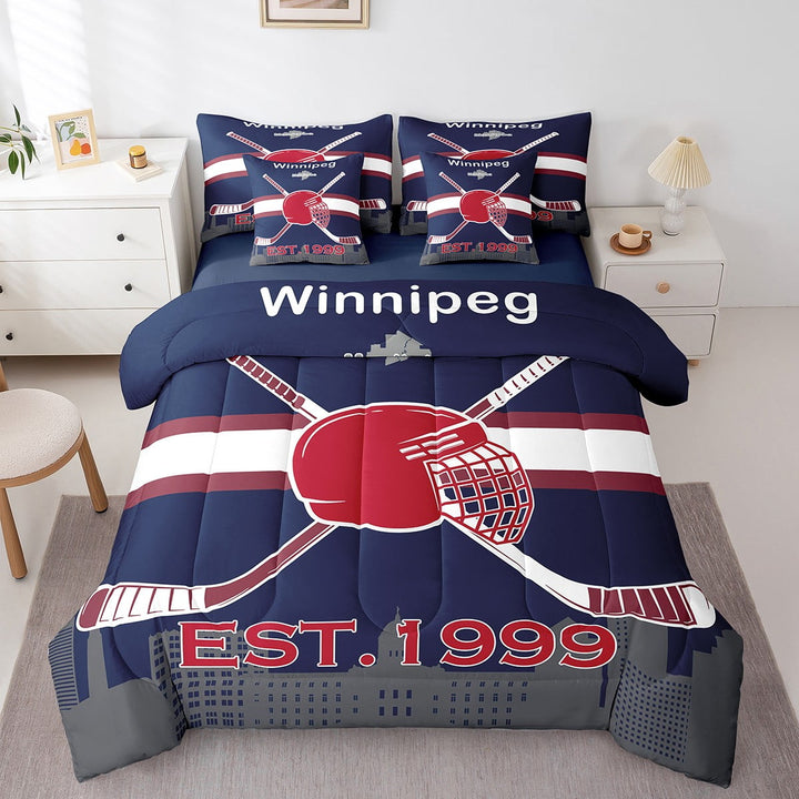 Ice Hockey 7 Pieces Bedding Set Hockey Twin Comforter Set with Sheets Room Decor Winter Sports Bed in a Bag Hockey City Reversible Bed Sets 7pcs,Winnipeg