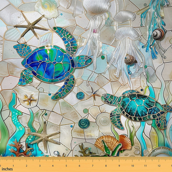 Castle Fairy Aqua Blue Sea Turtle Fabric by the Yard 1 Yard, Ocean Wildlife Room Decor Fabric by the Yard, Coastal Starfish Coral Fabric for Sewing, Luxury Bedroom Decor
