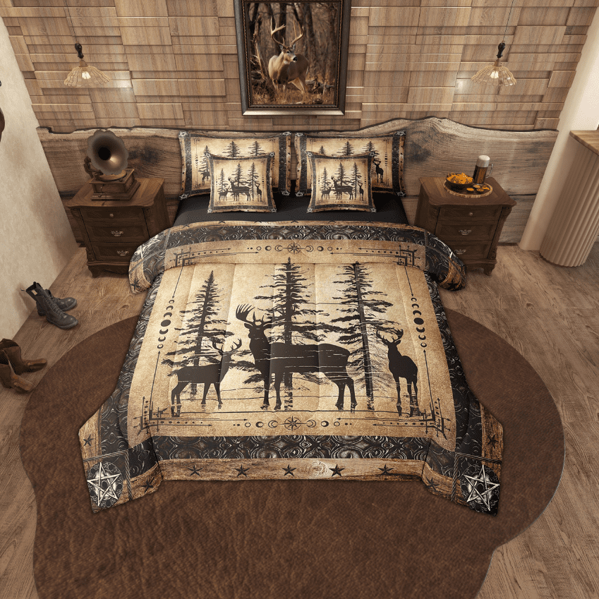 Rustic Deer Comforter Set 7 Piece Farmhouse Cabin Bed In A Bag Queen Western Woodland Wildlife Bedding Comforter Sets Adults Men Black Retro Country Animal Bed Set
