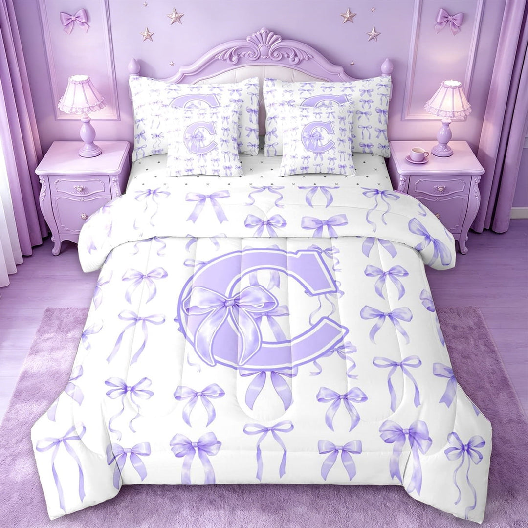 Manfei Coquette Purple Bow 7 Pieces Bedding Comforter Set For Girls,3D Cartoon Letter C Monogrammed Full Bedding Set,Reversible