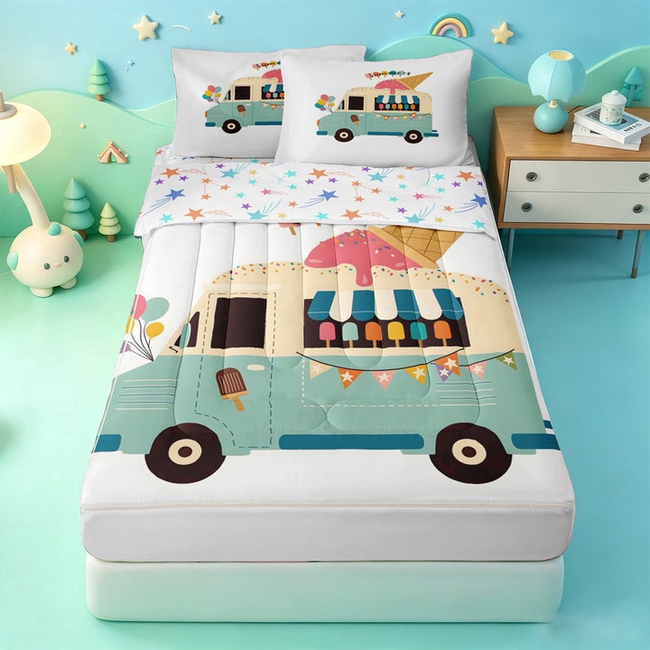 meiyoeat Summer Fun Zipper Twin Comforter Sets with Fitted Sheet and 2 Pillowcases,Ice Cream Truck Print Zipper Bedding Set For Boys,Multicolor,Colorful Stars Reversible,4-Piece