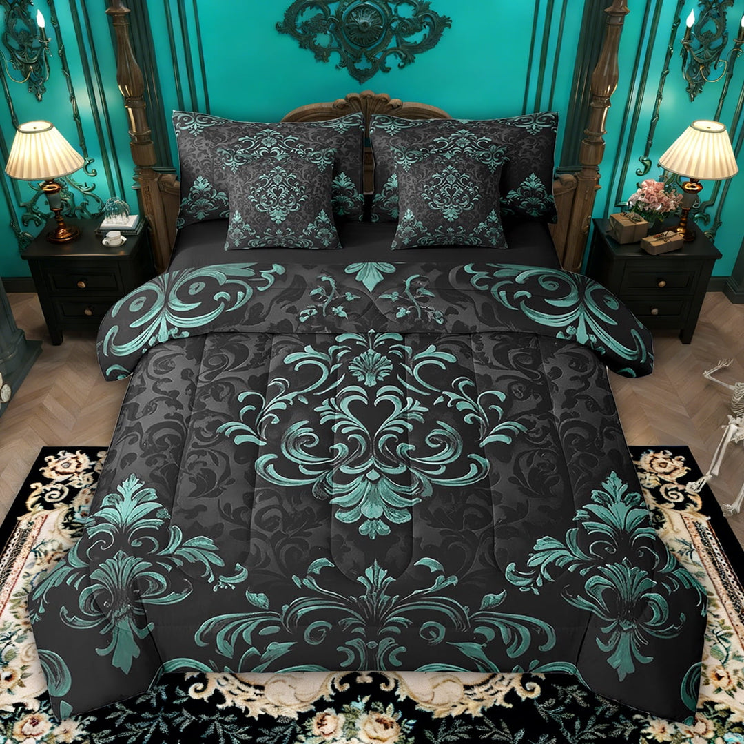 Manfei Teal Baroque Damask 7-Piece Bedding Sets Full Size, Hippie Flower Floral Comforter Sets with Sheets, Vintage Victorian Bedding Accessories, Breathable Bedroom Decorative