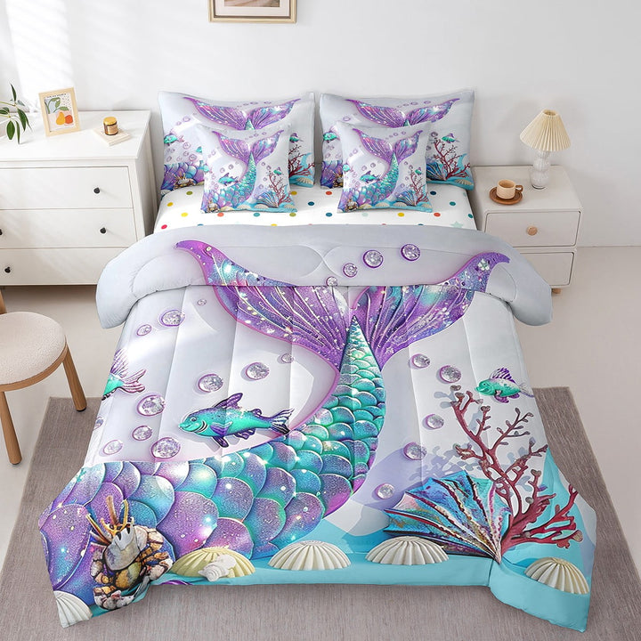Mermaid Bed in a Bag Queen Comforter Set 7 Piece,Ocean Fish Scales Bedding Sets Coastal Nautical Sea Animals Shell Coral Underwater World Sheet Set with Comforter,Blue Purple