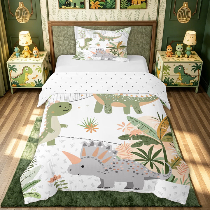 meiyoeat Cute Dinosaur Animal Bedding for Kids Boys, Cartoon Jungle Leaf Duvet Cover Full, Green White, Reversible, 3 Pieces