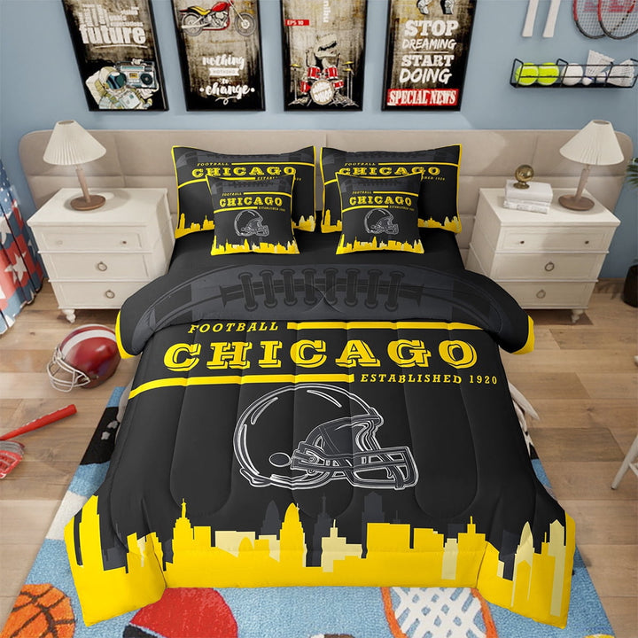 7 Piece Sports Bedding Sets,American Football Fans Bed in a Bag Full Size Rugby Player Comforter Set with Sheets Football Lovers Bed Set Yellow Black Sheets (Chicago)