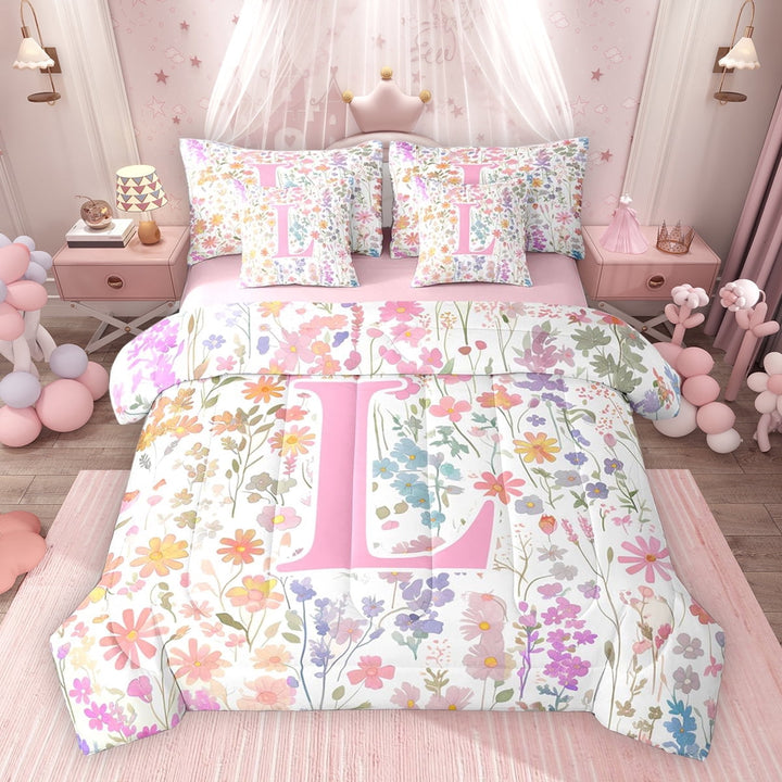 Erosebridal Girls Pink Flower Twin Bedding Sets, Garden Floral Bedding Comforter Set, Personalized Initial L, Pink Reversible, 7pcs
