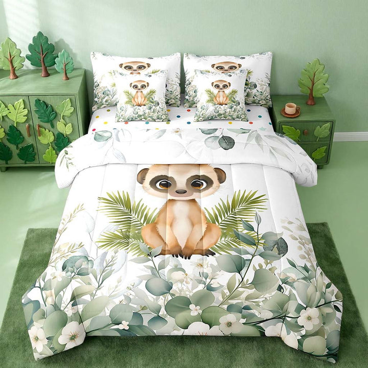 Cute Meerkats Twin Comforter Set 7 Pieces Green Eucalyptus Bedding Comforter Sets, Woodland Animal Bed in a Bag Botanical Plant Leaves Bedding Set, Cartoon Wildlife Bed Sheets Set