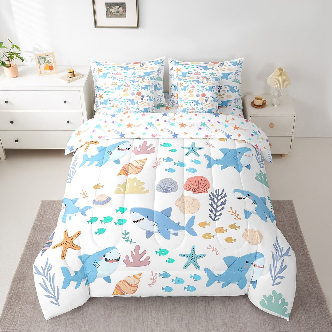 Erosebridal 7Pcs Shark Comforter Set with Sheets, Blue Sea Animal Twin Bedding Bed in a Bag Bedding - 1 Comforter, 1 Flat Sheet 1 Fitted Sheet 2 Pillowcases 2 Throw Pillow Covers