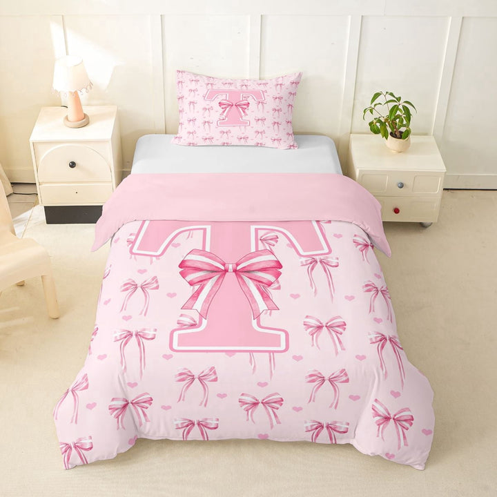 Erosebridal Pink T Personalized Initial Twin Bedding For Girls Teens,Kawaii Ribbon Bow Knot Girl Duvet Cover Set,Pink Reversible,2pcs,No Comforter