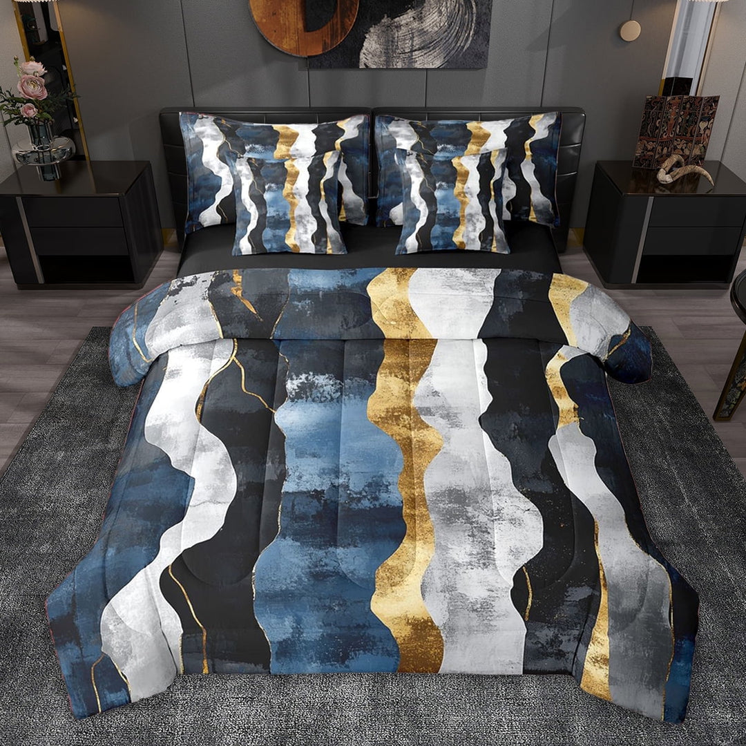 jejeloiu Retro Ink Geometric 7pcs Bedding Comforter Set,Watercolor Geometric Lines Queen Bedding Sets For Girls Teens Reversible