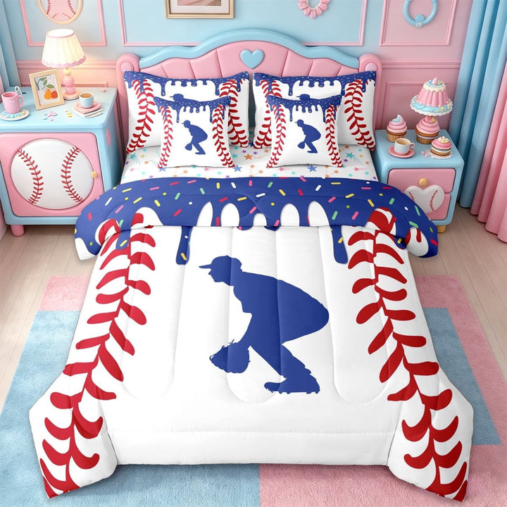 Erosebridal Ices Cream Baseball 7pcs Bedding Comforter Set,Sport Theme Queen Bedding Sets For Kids,Reversible