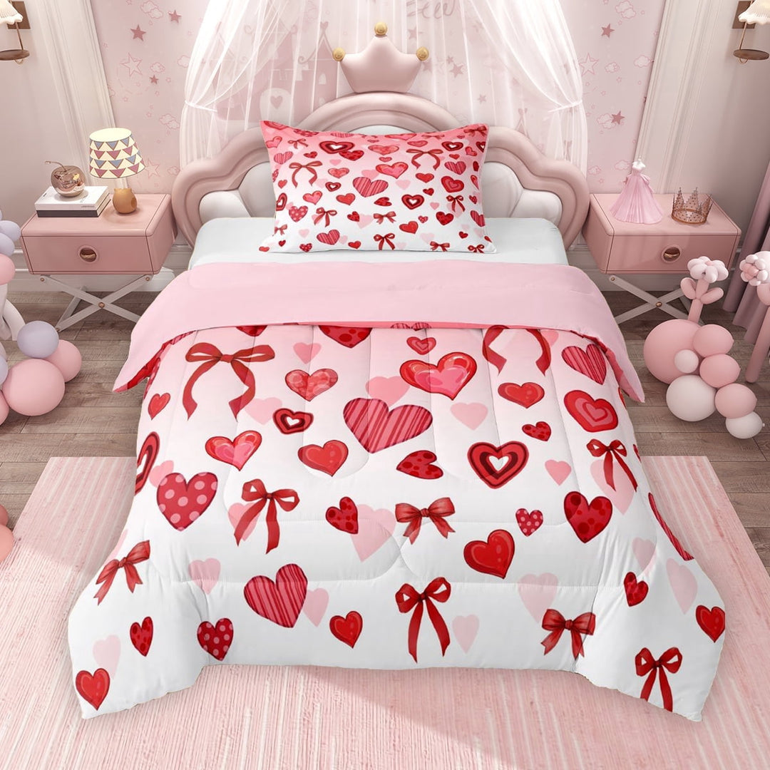 Erosebridal Cartoon Heart Bowknot Twin Comforter Sets, Red White Pink Bedding Set, Pink Reversible, 1 Comforter and 1 Pillowcase