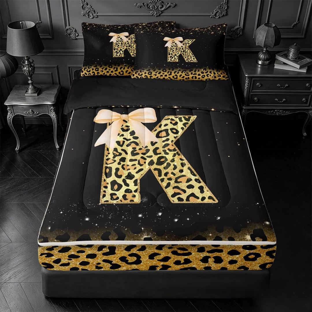 meiyoeat Fashion Leopard Print Zipper Twin Comforter Sets with Fitted Sheet and 2 Pillowcases,Alphabet Initial K Zipper Bedding Set For Girl,Black Reversible,4-Piece