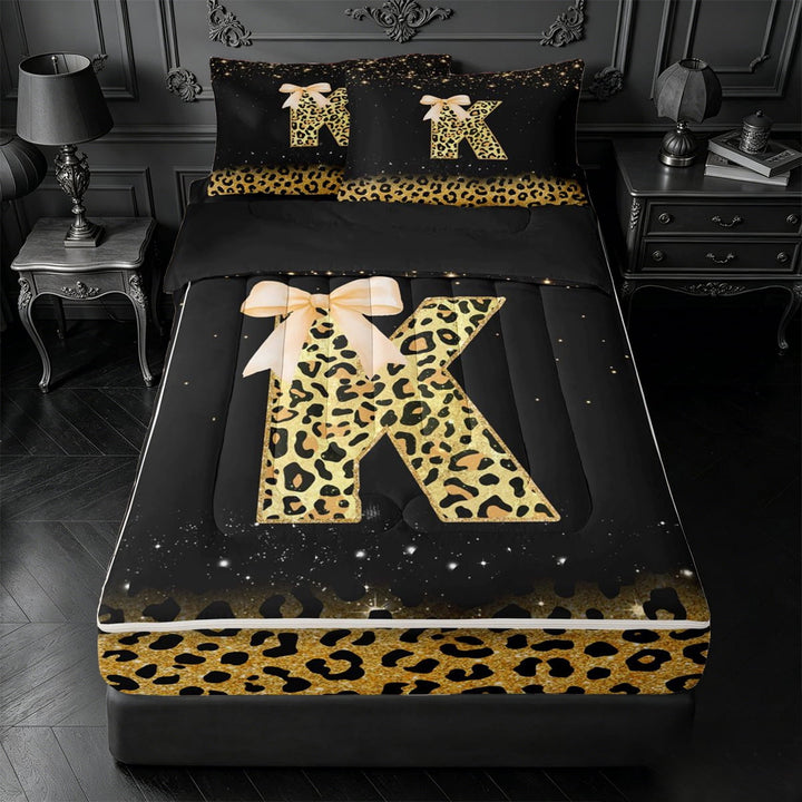 meiyoeat Fashion Leopard Print Zipper Twin Comforter Sets with Fitted Sheet and 2 Pillowcases,Alphabet Initial K Zipper Bedding Set For Girl,Black Reversible,4-Piece
