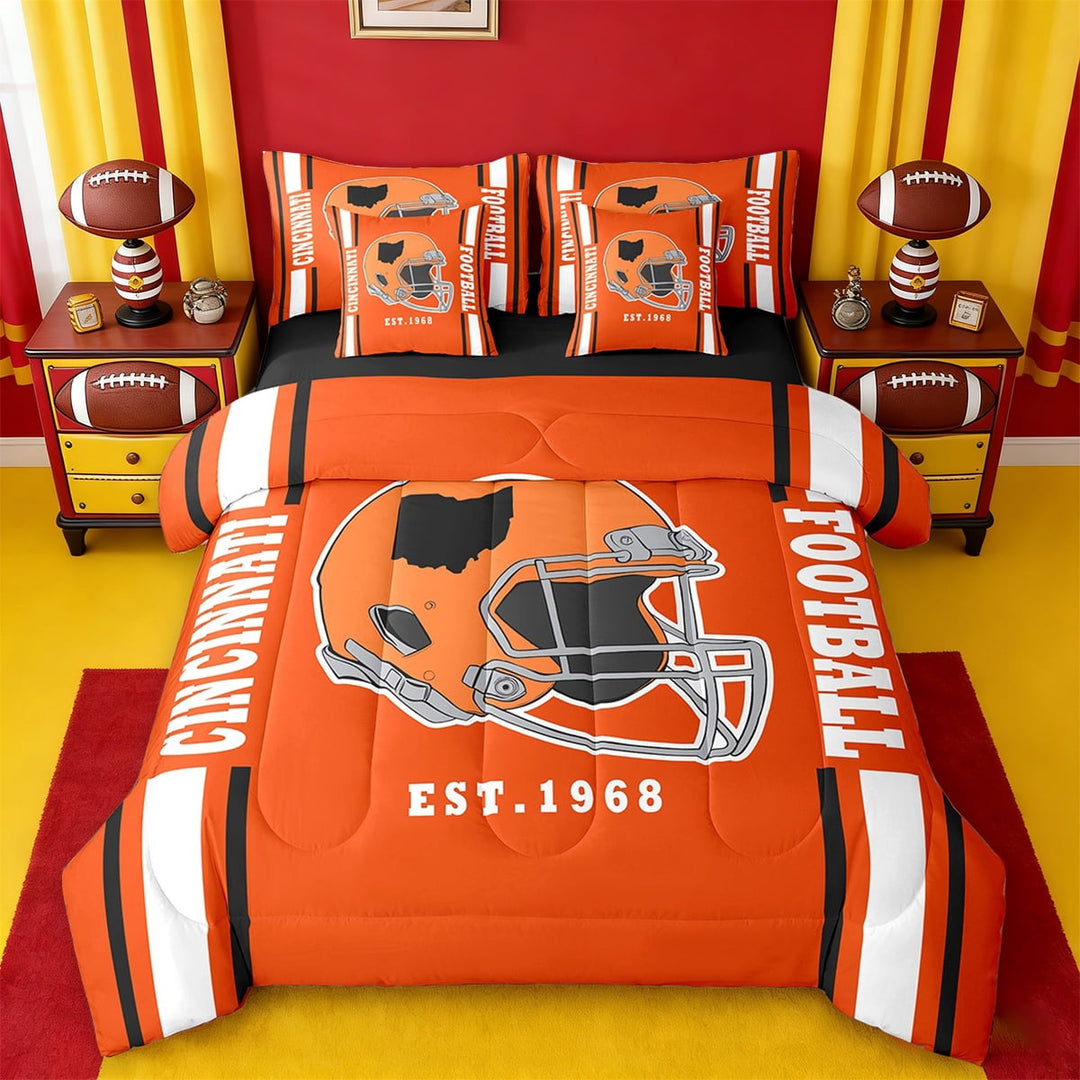 Erosebridal Cincinnati Bedding Sets Twin Size,Football City Silhouette Comforter Sets with Sheets,Orange Black White Bed in a Bag Twin Size,Super Cozy Room Decor Reversible,7-Piece