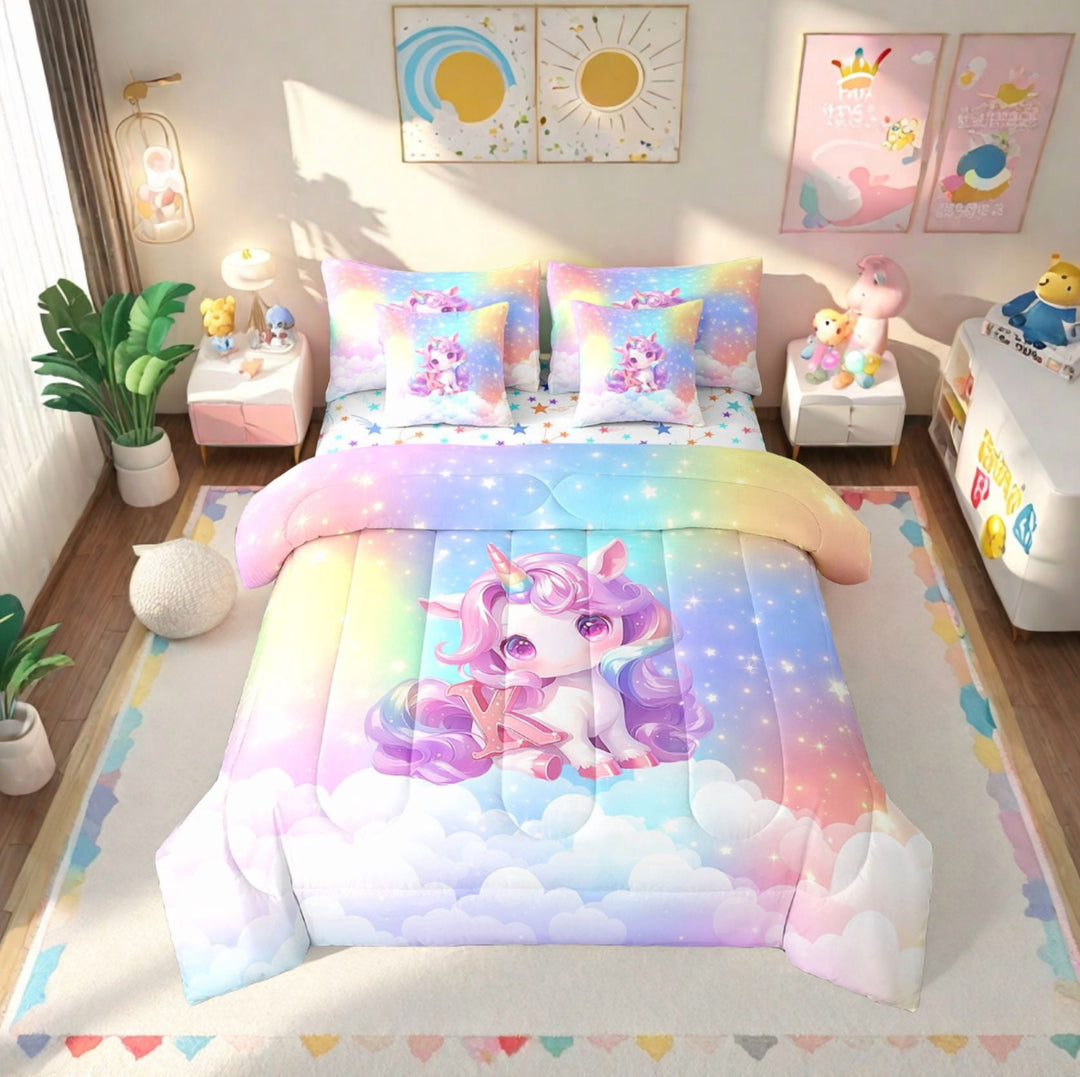 Erosebridal Kawaii Unicorn Bedding Twin Size, Personalized Letter K Comforter Sets With Sheets, Cute Stars Clouds Bedding Sets Twin Size, Breathable Room Decorative,7Pcs Reversible