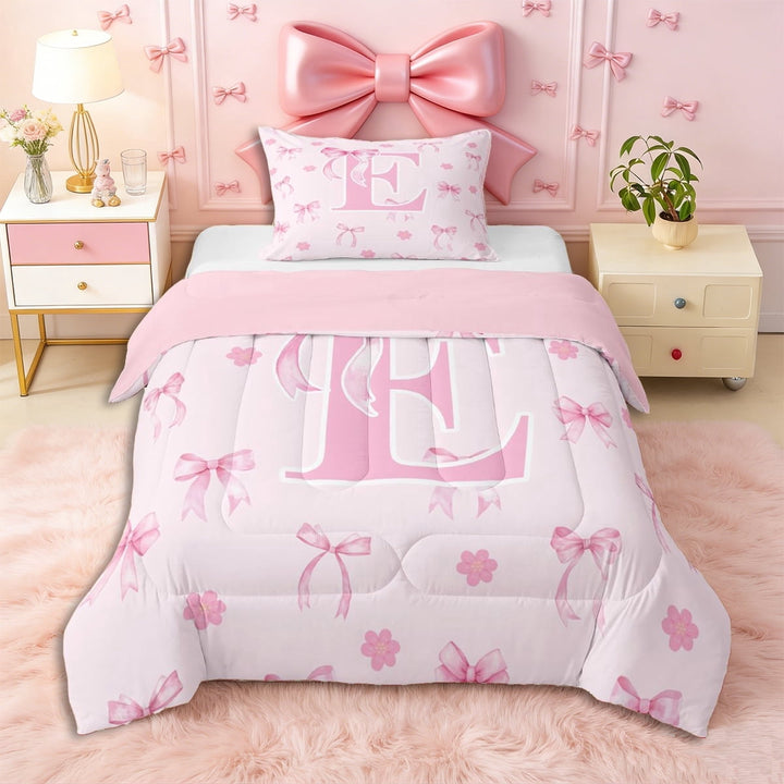 Erosebridal Letter Monogrammed E Pink Bow Twin Comforter Sets 3-Piece,Floral Cherry Blossoms Bedding Set,Pink Reversible,Super Cozy Room Decor