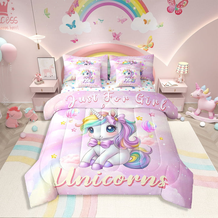Erosebridal Rainbow Unicorn Bed in a Bag Full size 7 Pieces, Room Decorative, Pink