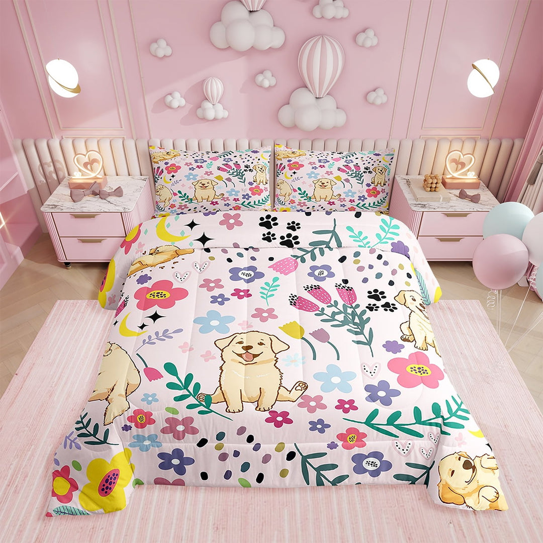 Floral Dog Comforter Full Bedding Set Cartoon Animal Comforter Sets,Cute Botanical Flower Leaves Moon Golden Retriever Puppy Bed Sets with 2 Pillowcases