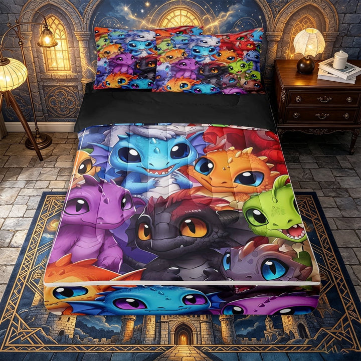 Erosebridal Cartoon Trendy Dragon Pattern Zipper Twin Comforter Sets with Fitted Sheet and 2 Pillowcases,Dinosaur Portrait Print Zipper Bedding Set,Purple Blue Orange,Black Reversible