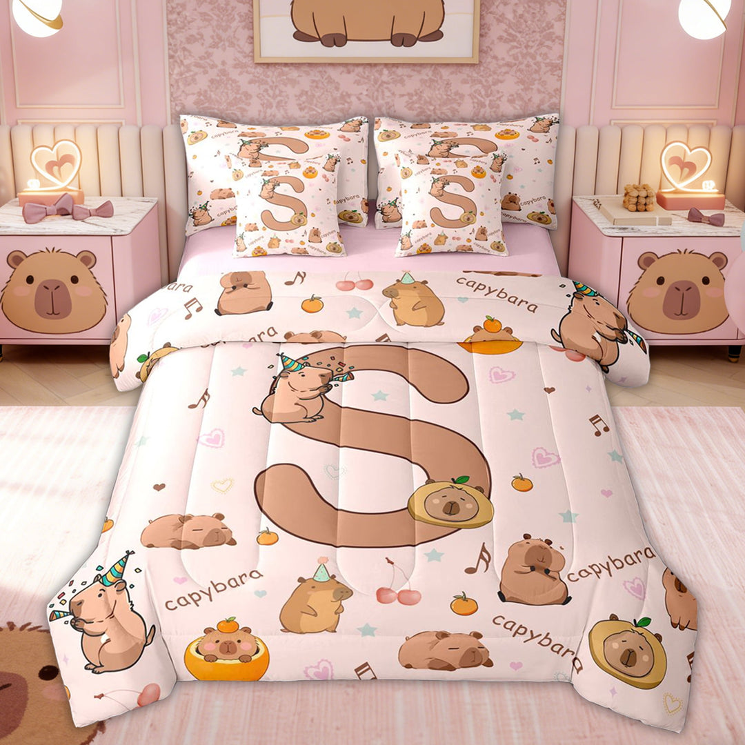 Erosebridal Capybara Family for Kids Twin Bedding Sets, Cute S Letter Bedding Comforter Set, Pink Reversible, 7 Pieces